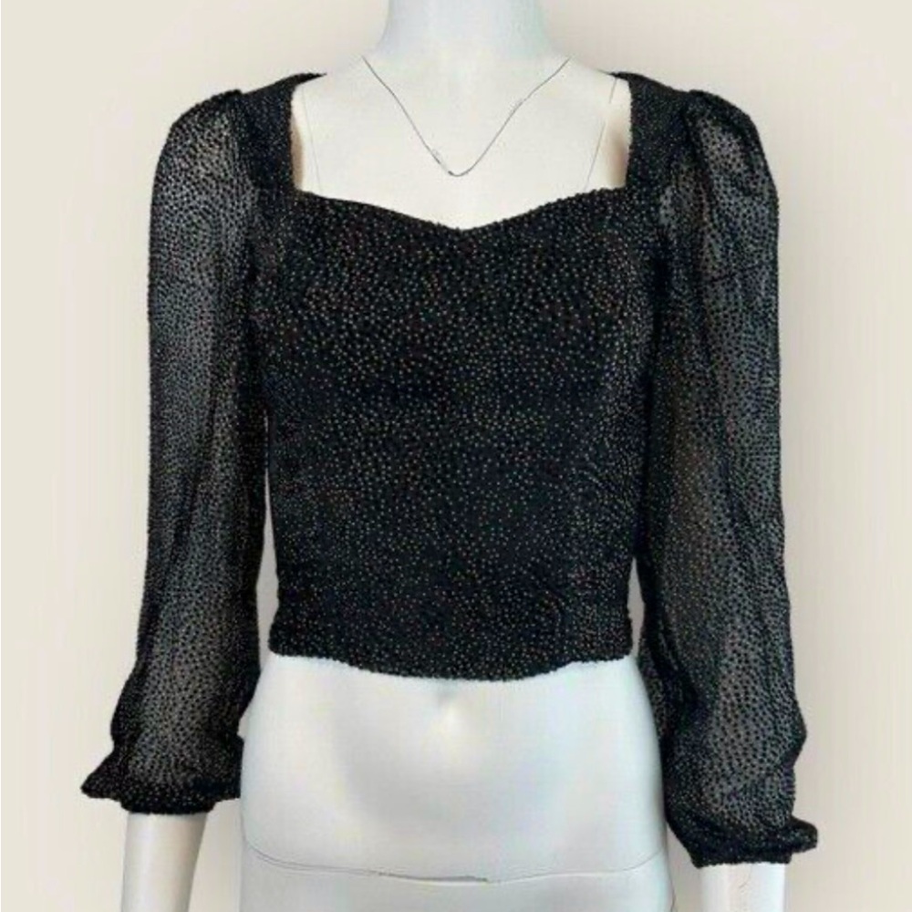Sheer bubble sleeves with a velvet pattern overlay.  Cropped. Ties in the back.
